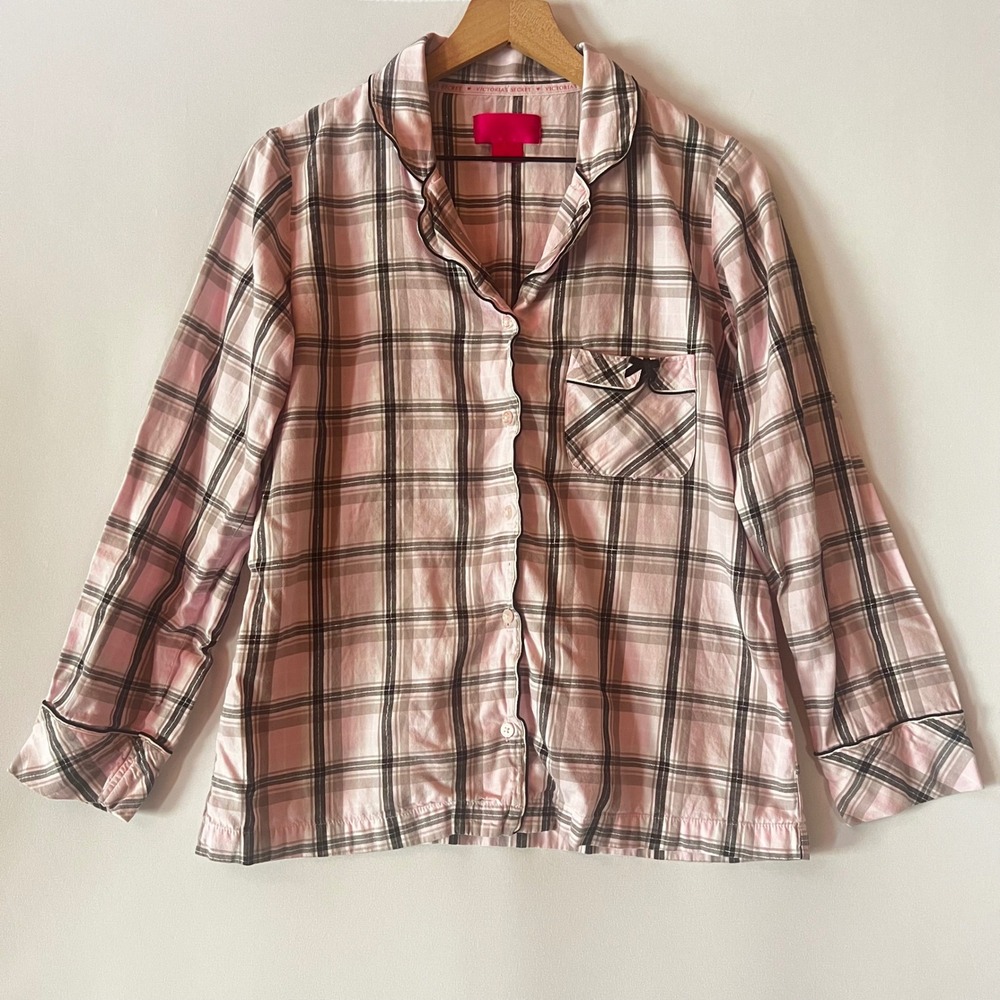 Victoria's Secret Pink Black Plaid Flannel Pajama Top Button Down Size Small